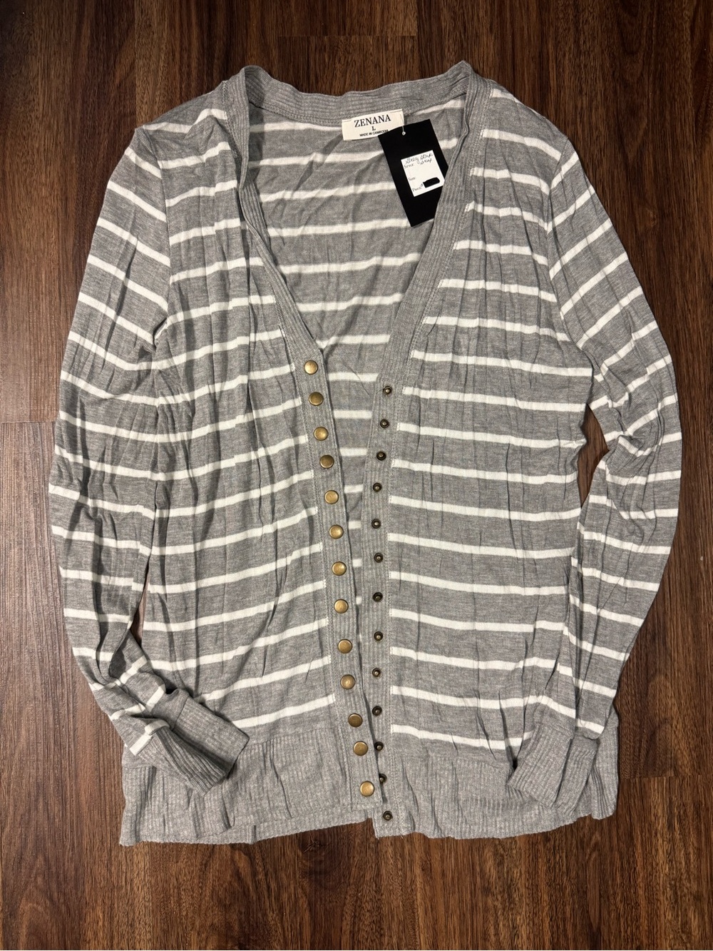 Zenana Outfitters Gray & White Striped Snap-Front Cardigan